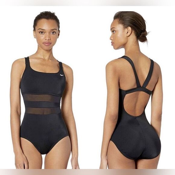 NWT Nike Women's V Back One Piece Swimsuit Mesh Black Sz S - Picture 1 of 9